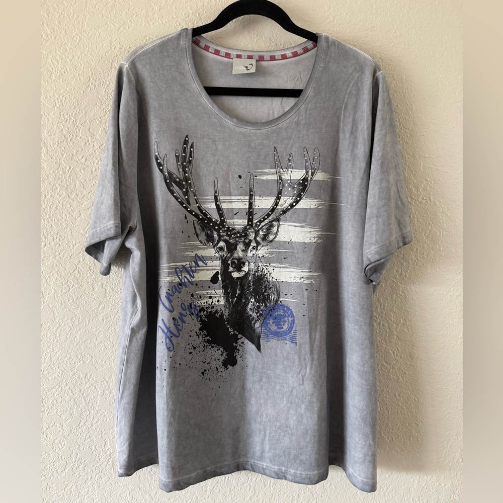 Ulla Popken Von Lander T Shirt Gray Oil Dyed Stretch Cotton Bling Plus Size 2X